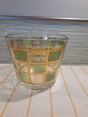 Vtg Culver Prado Glass Ice Bucket Green 22K Gold MCM Barware